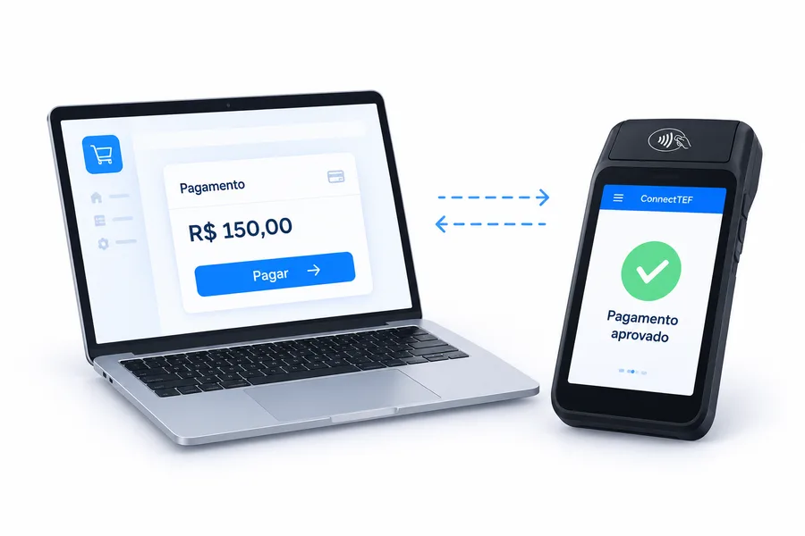 Notebook enviando uma solicitação de pagamento para um SmartPOS com retorno aprovado.